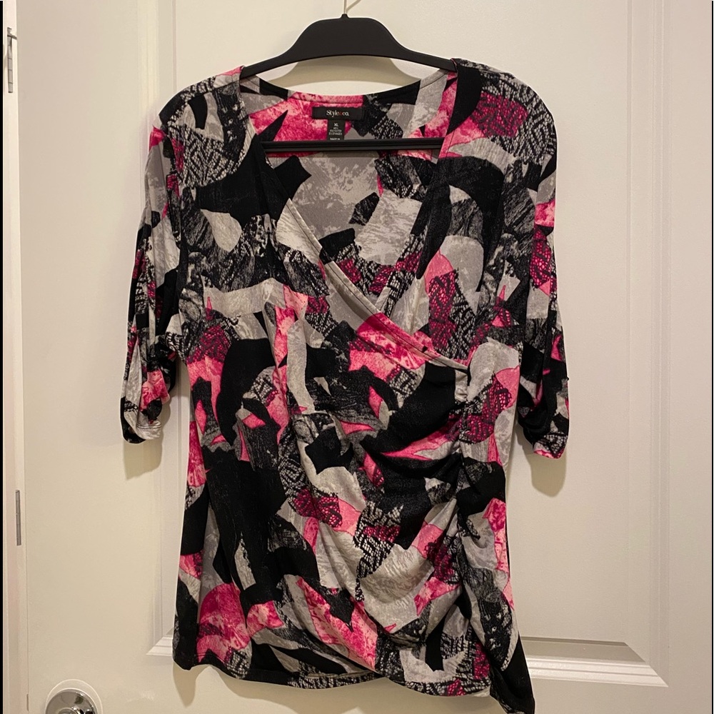 🖤💖Style & Co 3/4 Sleeve Wrap Top Pink & Black XL